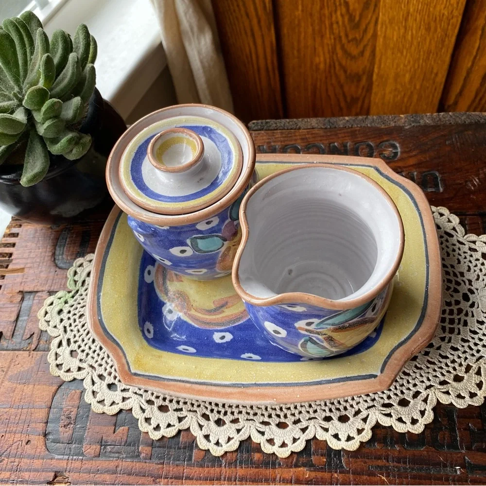 Studio Pottery Pear Sugar and Creamer Dish Set EUC